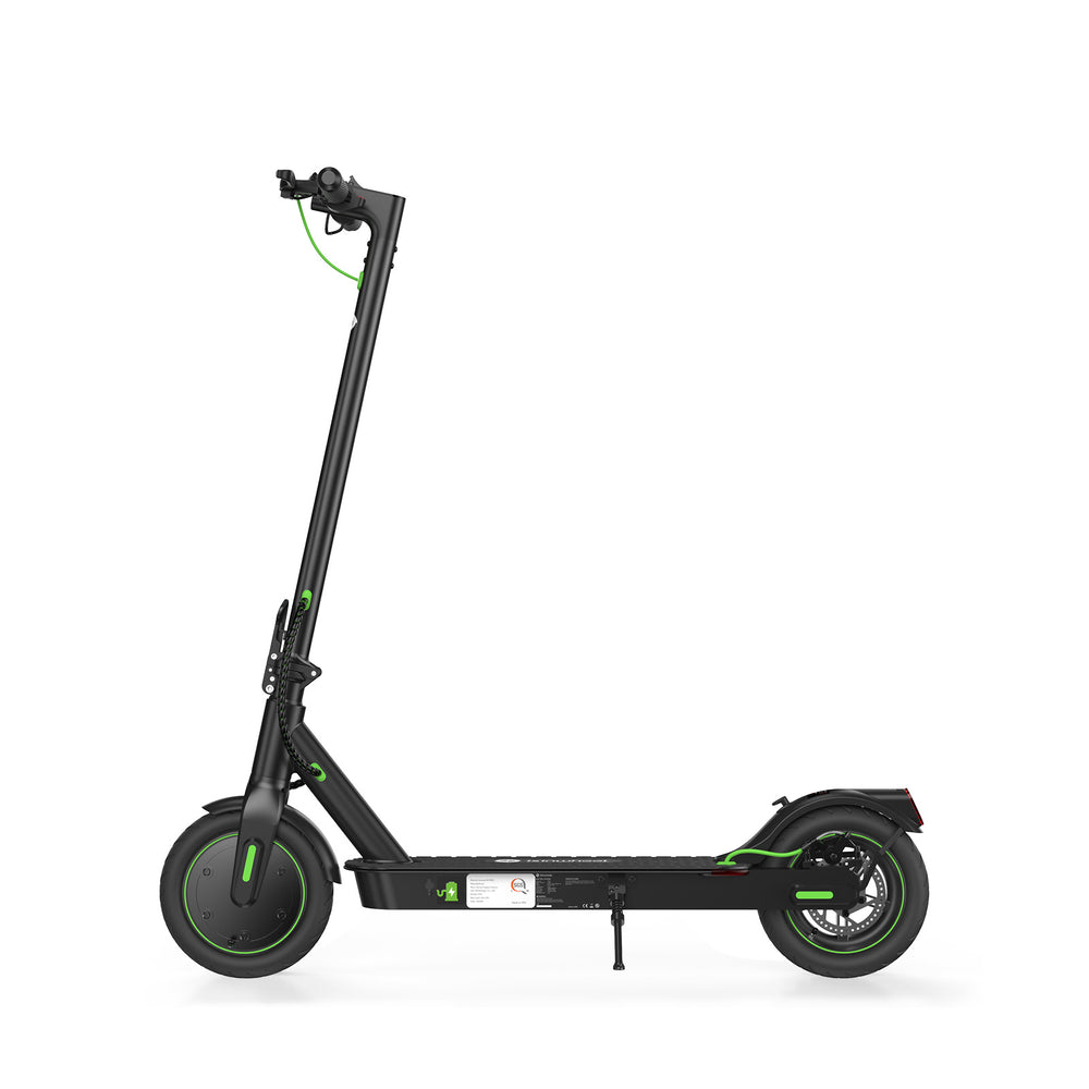 A sleek black electric scooter S9pro with green accents is shown in a side profile, featuring a sturdy frame, two wheels, and a kickstand, set against a plain white background.