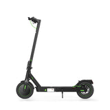A sleek black electric scooter S9pro with green accents is shown in a side profile, featuring a sturdy frame, two wheels, and a kickstand, set against a plain white background.
