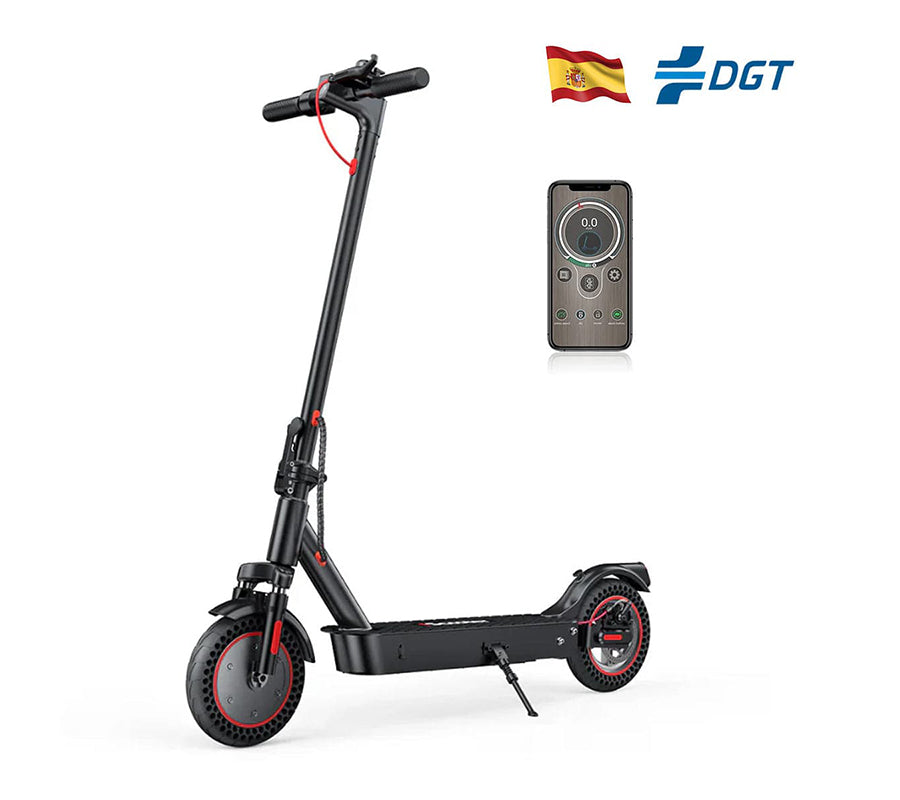 A sleek black electric scooter i9max with red accents stands upright, accompanied by a smartphone displaying a control app interface. Above, the Spanish flag and "DGT" logo are visible, suggesting regulatory compliance.