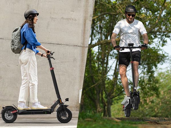 The T4 off-road electric scooter seamlessly transitions from city streets to forest trails, thanks to its dual suspension and pneumatic tires.