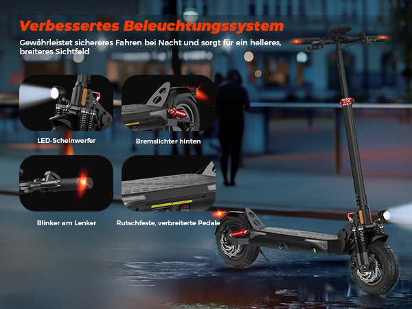 Bright headlight and taillight of the T4 electric scooter ensure night riding safety.