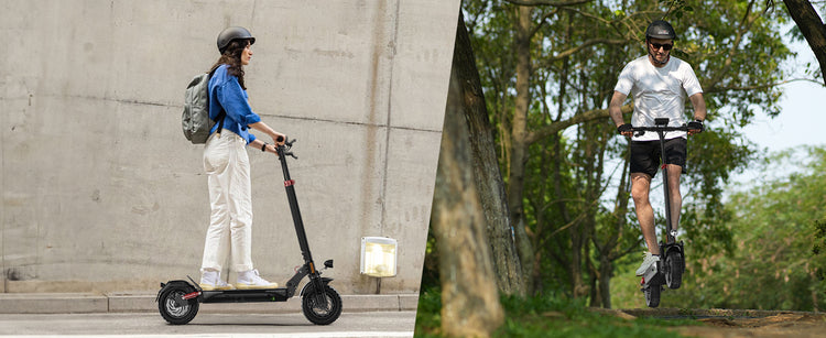 T4 off-road e-scooter tackles a forest trail, showcasing its adventure-ready capabilities and demonstrating its practicality for daily commuting.