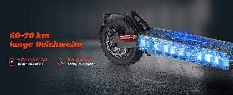 The 60-70 km range of the T4 off-road e-scooter is powered by a high-capacity lithium-ion battery.