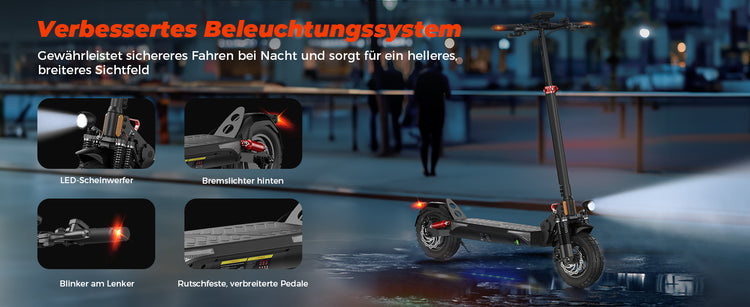 Bright LED headlights and taillights of the T4 electric scooter ensure visibility and safety at night.