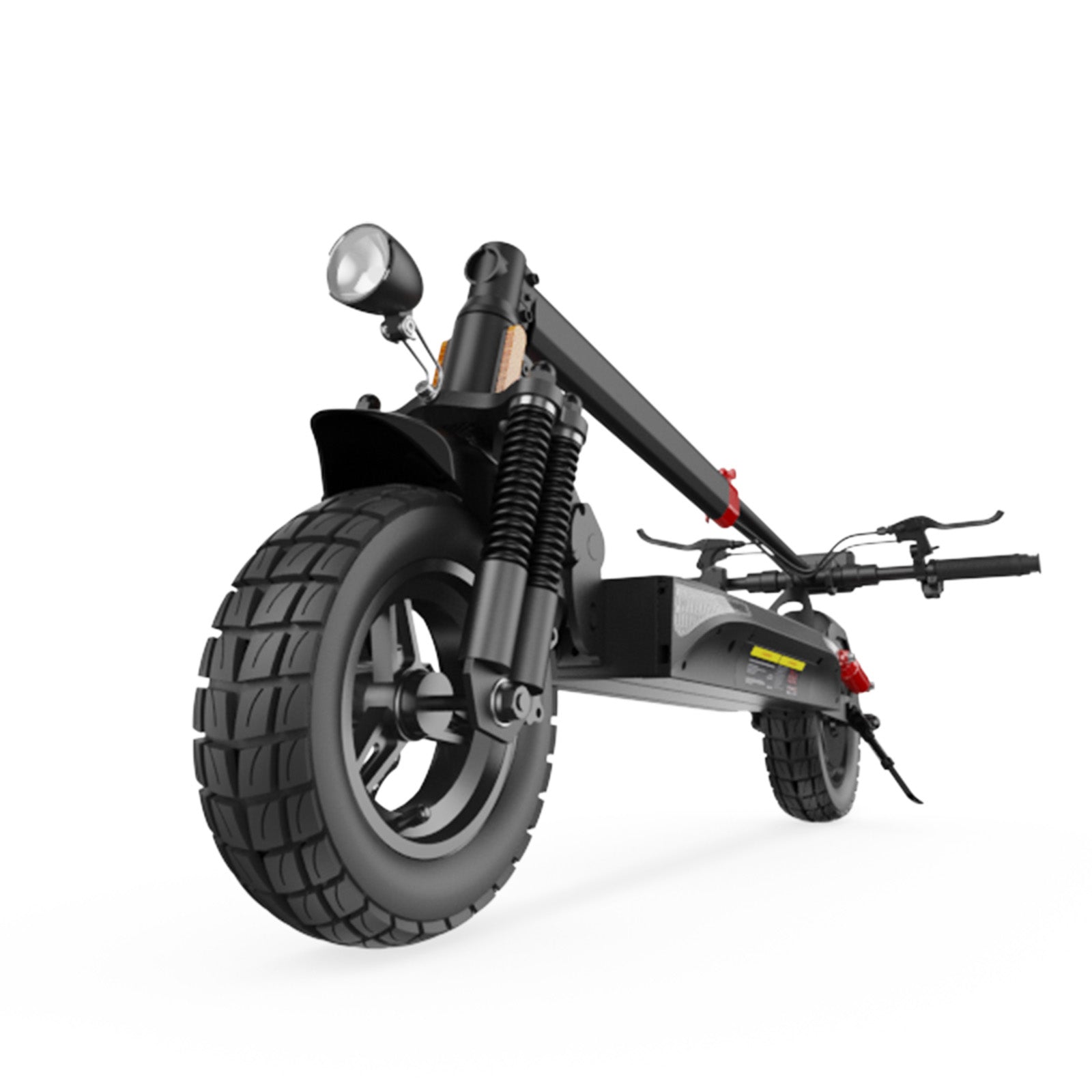 A sleek black electric scooter is folded, showcasing its sturdy front wheel with a prominent tread, dual suspension, and a mounted headlight. The handlebar and rear wheel are visible, highlighting the scooter's compact and practical design.