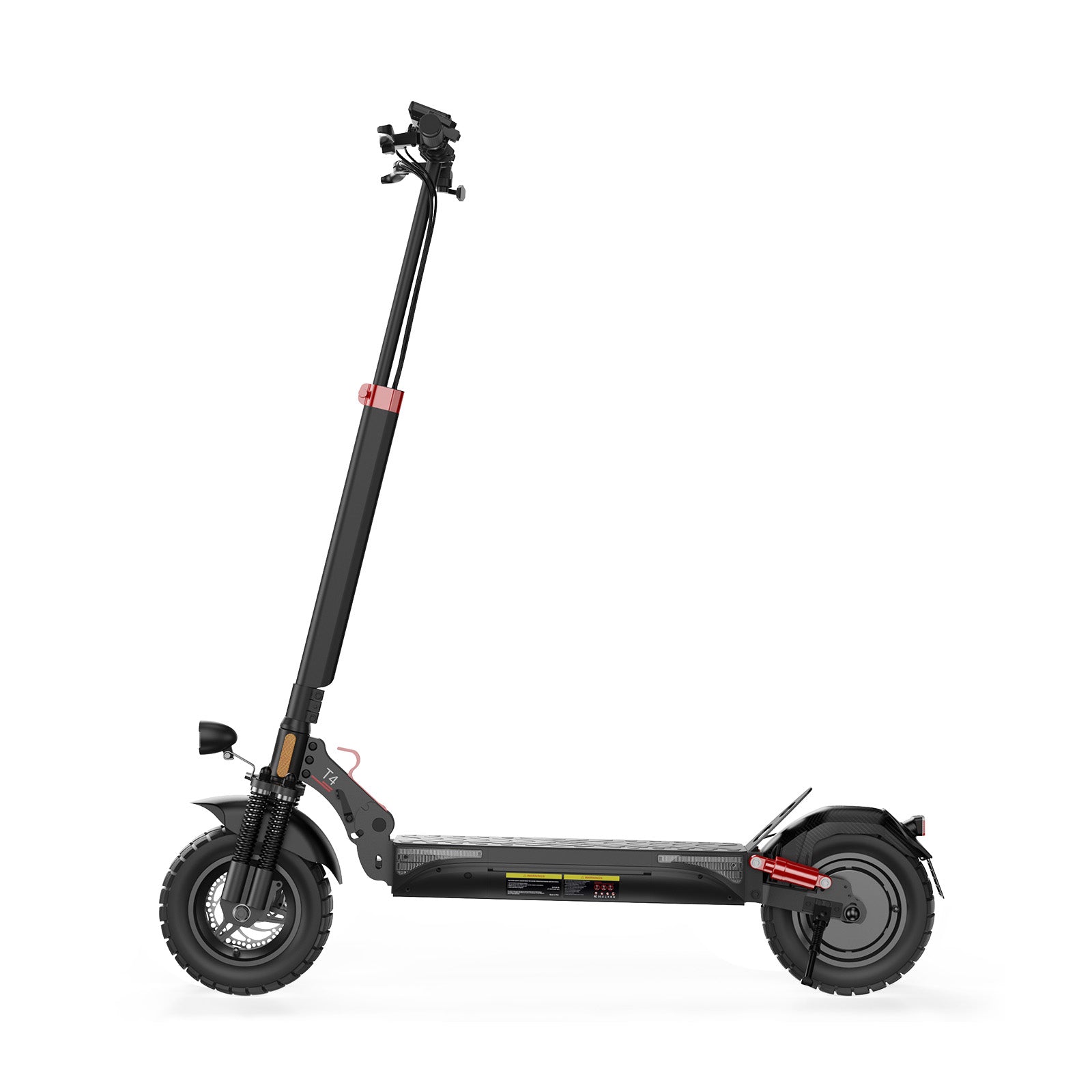 A sleek black electric scooter T4 with thick tires and a sturdy frame, featuring a long handlebar and red accents, is shown against a plain white background.
