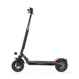 A sleek black electric scooter T4 with thick tires and a sturdy frame, featuring a long handlebar and red accents, is shown against a plain white background.