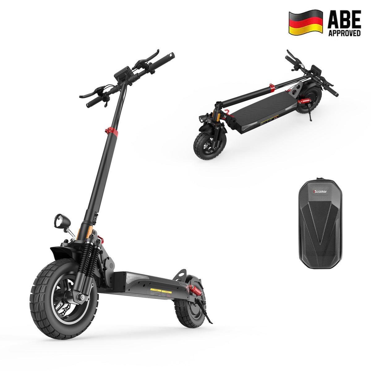 Electric scooter  T4 shown in upright and folded positions, with a storage bag. ABE Approved emblem with German flag in the top right corner.