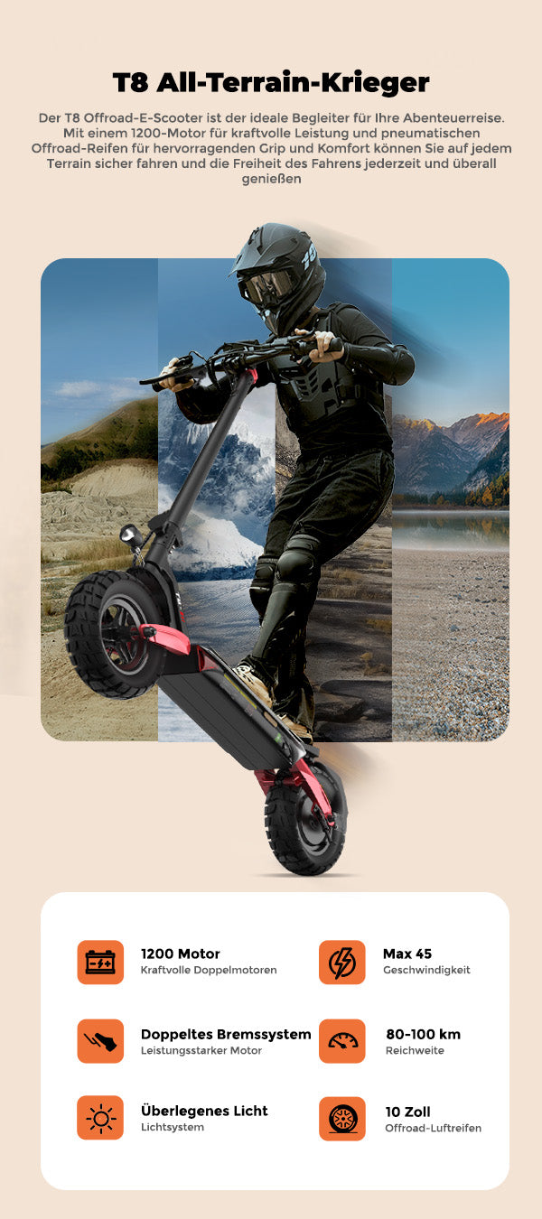 Technical specifications summary for the ABE Certification Electric Scooter T8, including speed, range, and motor power.
