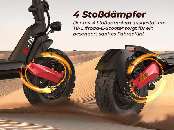 Four shock absorbers of the T8 electric scooter provide ultimate comfort.