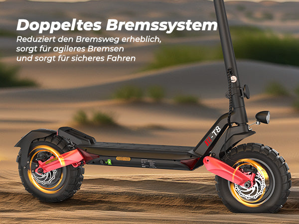 Dual braking system of the T8 e-scooter ensuring safe stops in all conditions.