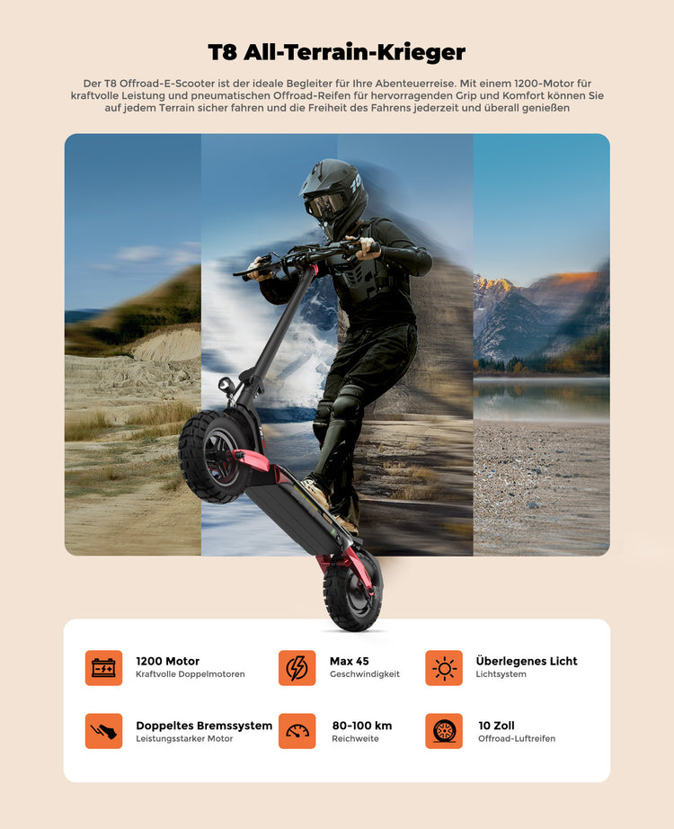 Performance highlights of the ABE Certification Electric Scooter T8, the ultimate choice for both off-road and commuting.