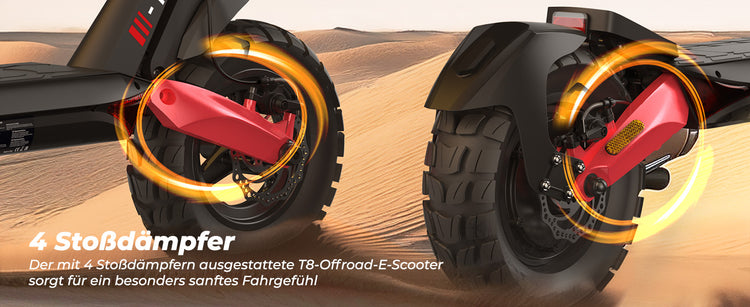 The T8 off-road e-scooter equipped with a superior four-shock absorption system for unmatched comfort and control.