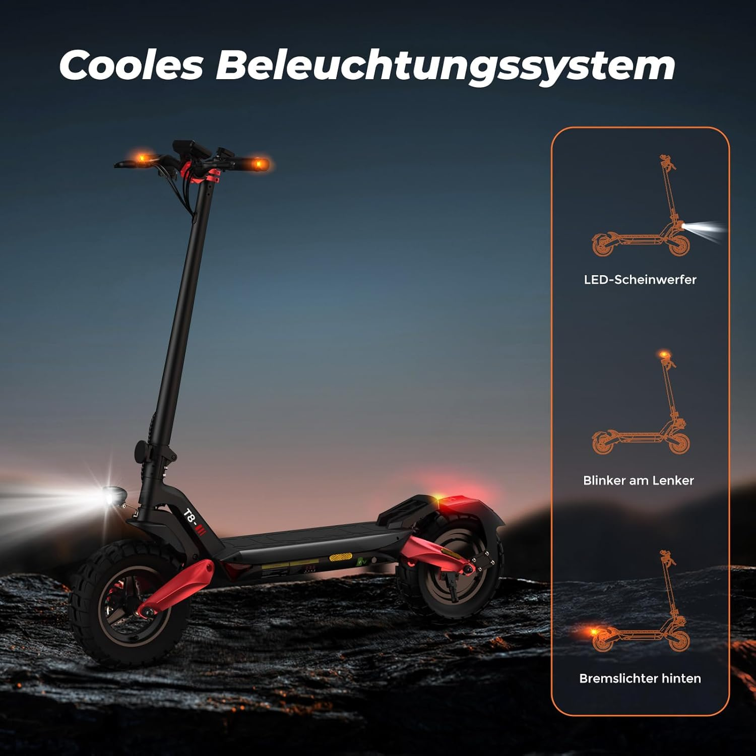 ABE-certified T8 Electric Scooter 500W with 10" pneumatic tires, long range 80-100KM, designed for adult city commuting and outdoor adventures.
