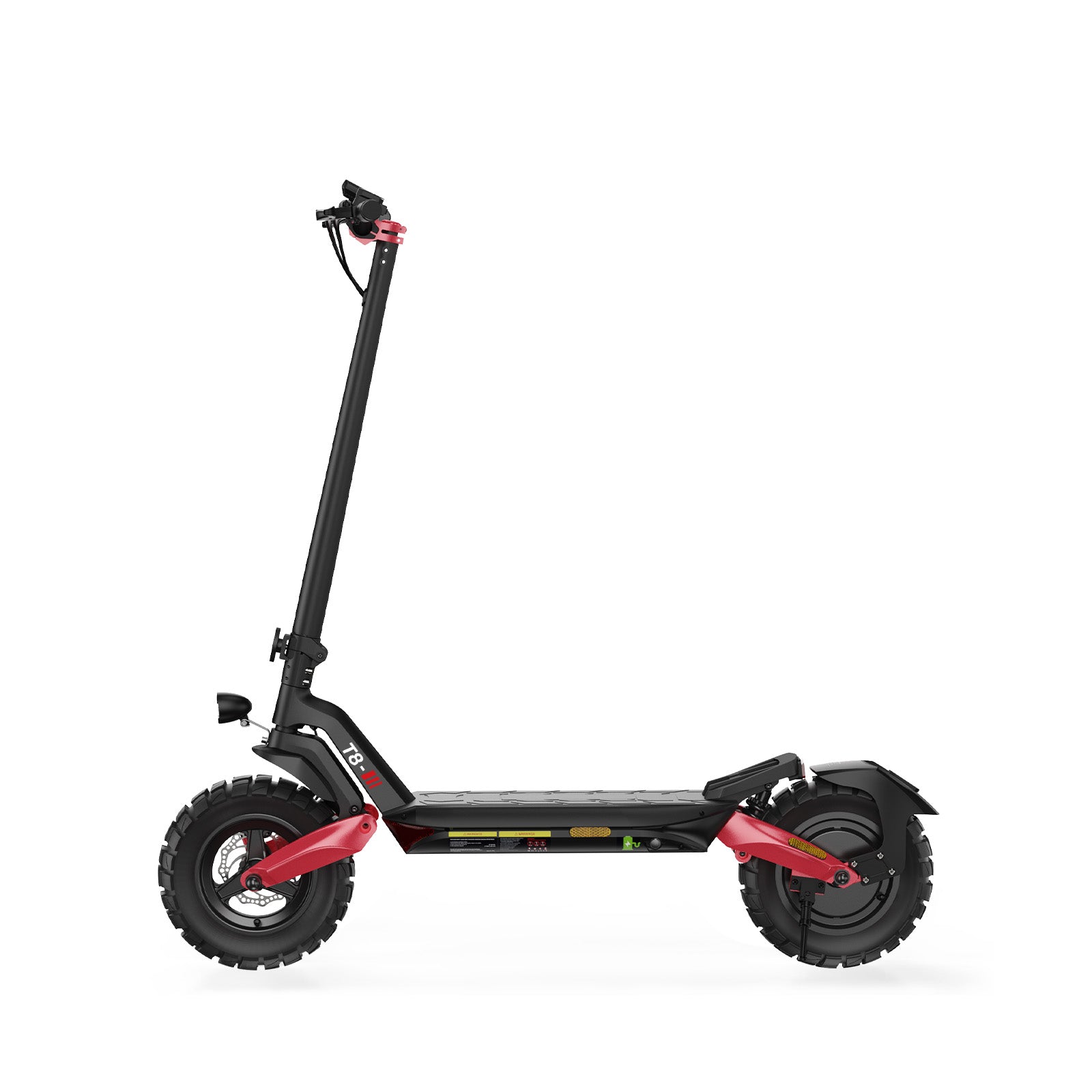 A side profile sleek black electric scooter T8 with red accents, featuring large, rugged tires and a sturdy frame, is shown against a white background.