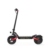 A side profile sleek black electric scooter T8 with red accents, featuring large, rugged tires and a sturdy frame, is shown against a white background.