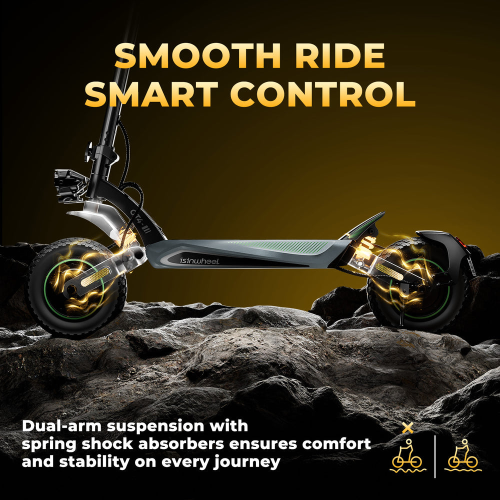 Hulajnoga GT4 poruszająca się po trudnym terenie z dobrą przyczepnością.