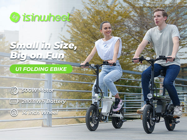Two people riding folding electric bikes with isinwheel branding and bike specifications displayed.