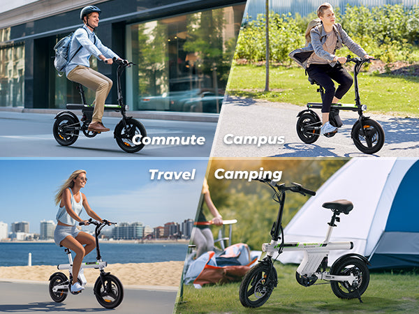 Electric bike used for commuting, campus, travel, and camping with different settings.