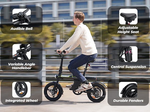 Person riding an electric bike with features highlighted on a blurred background