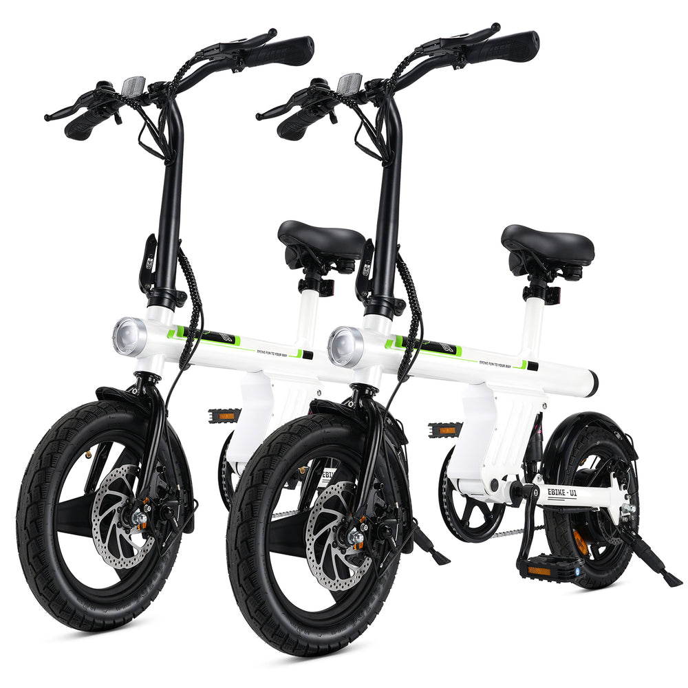 Two white electric bikes with black wheels and handlebars on a white background
