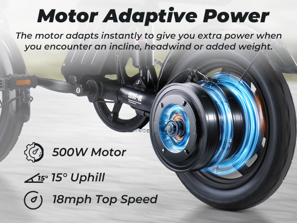 Motorized bike with 'Motor Adaptive Power' features on a light background