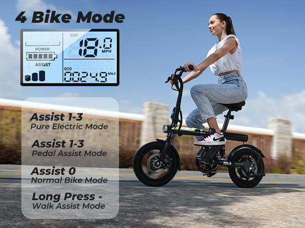 A woman riding an electric bike with a digital display showing speed and modes.