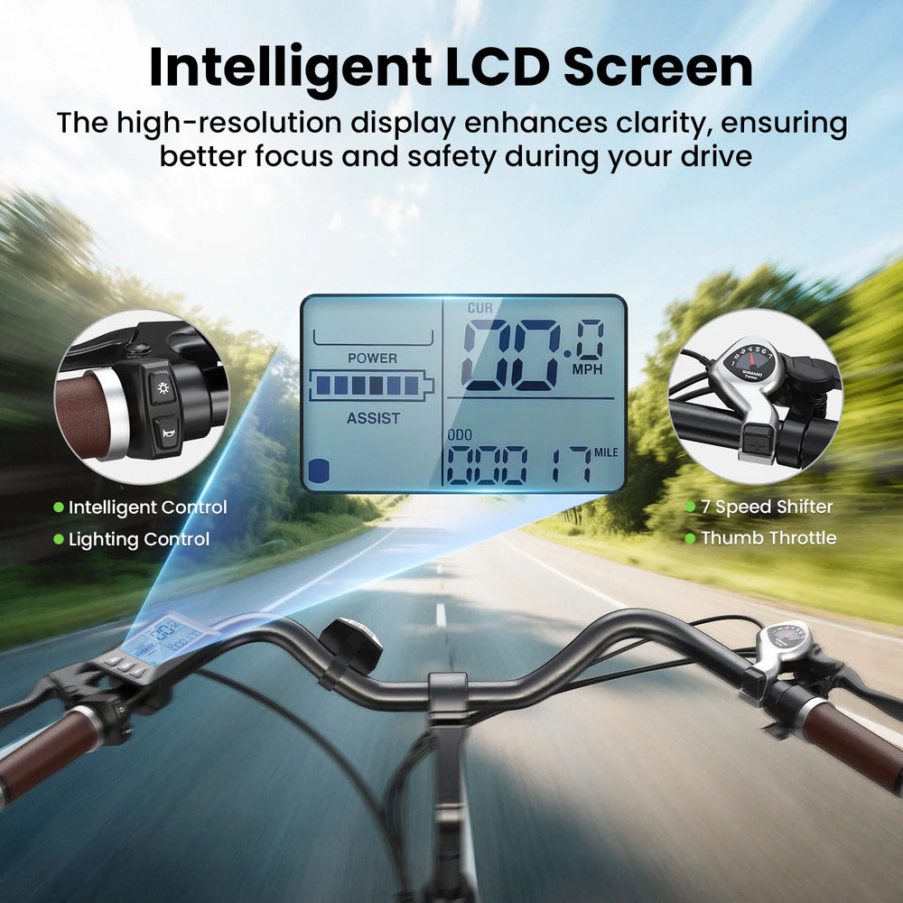 Bicycle dashboard with intelligent LCD screen displaying speed and other metrics, with a blurred road and trees in the background.