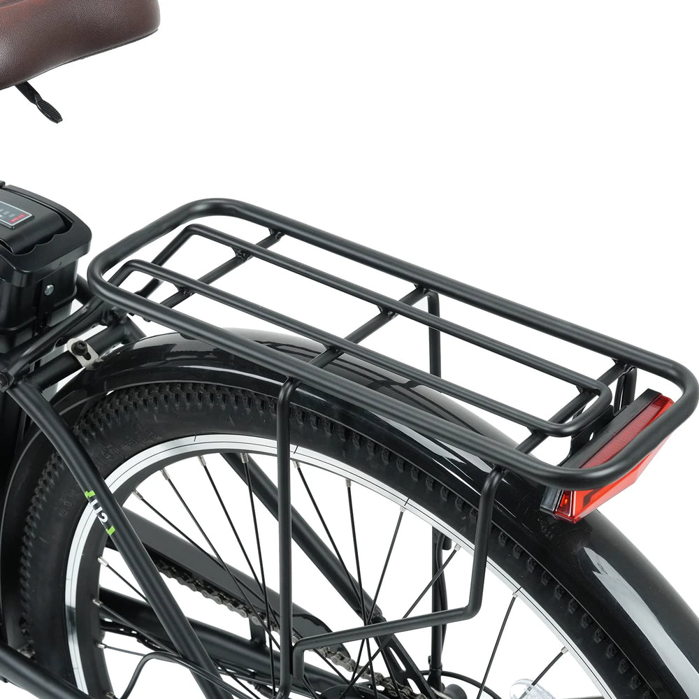 Bicycle with a black metal luggage rack on a white background