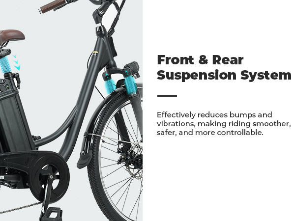 Front and rear double suspension system on the isinwheel U2 Electric Bike for a smooth and comfortable ride on bumpy roads.