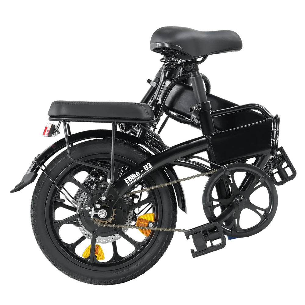 A folding black electric bike on a white background