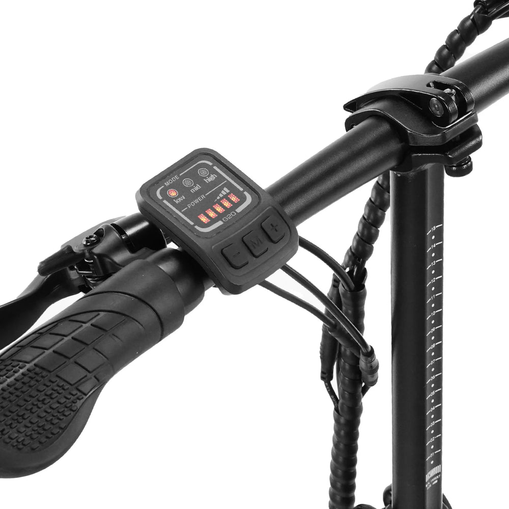Close-up of an electric bike handlebar with control panel on a white background
