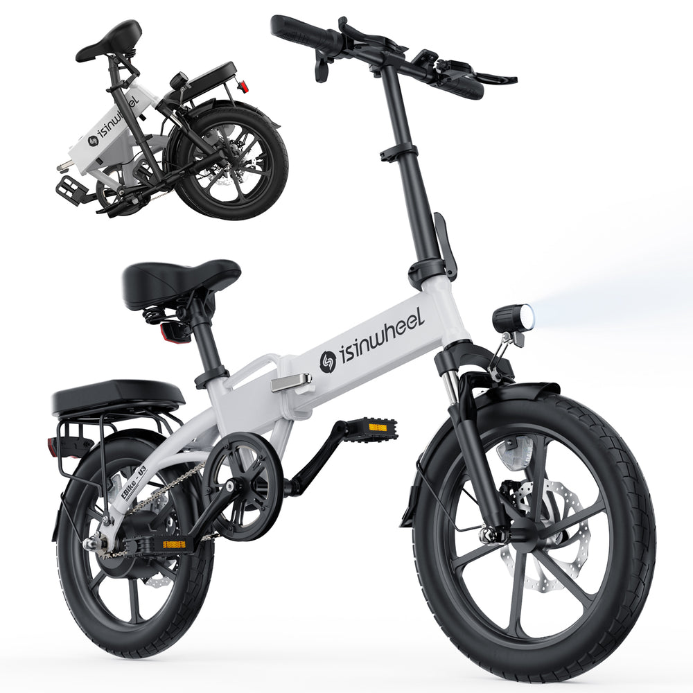White and black electric bike with 'isinwheel' branding on a white background