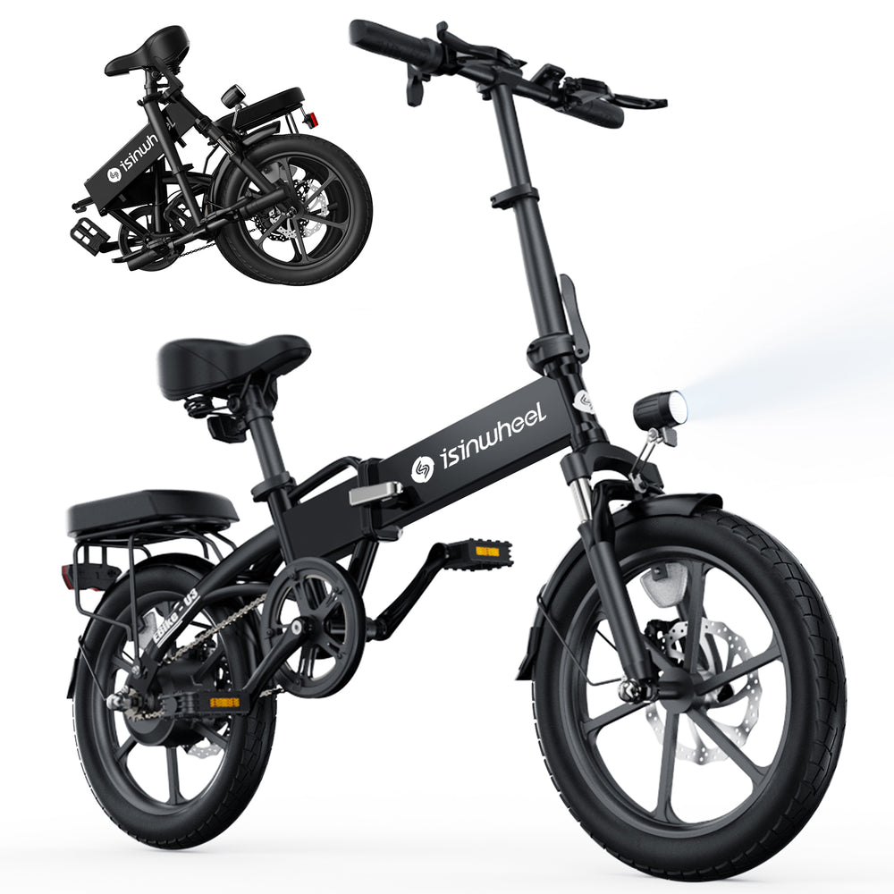 Black electric bike with 'isinwheel' branding on a white background