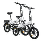 Two white folding electric bikes on a white background