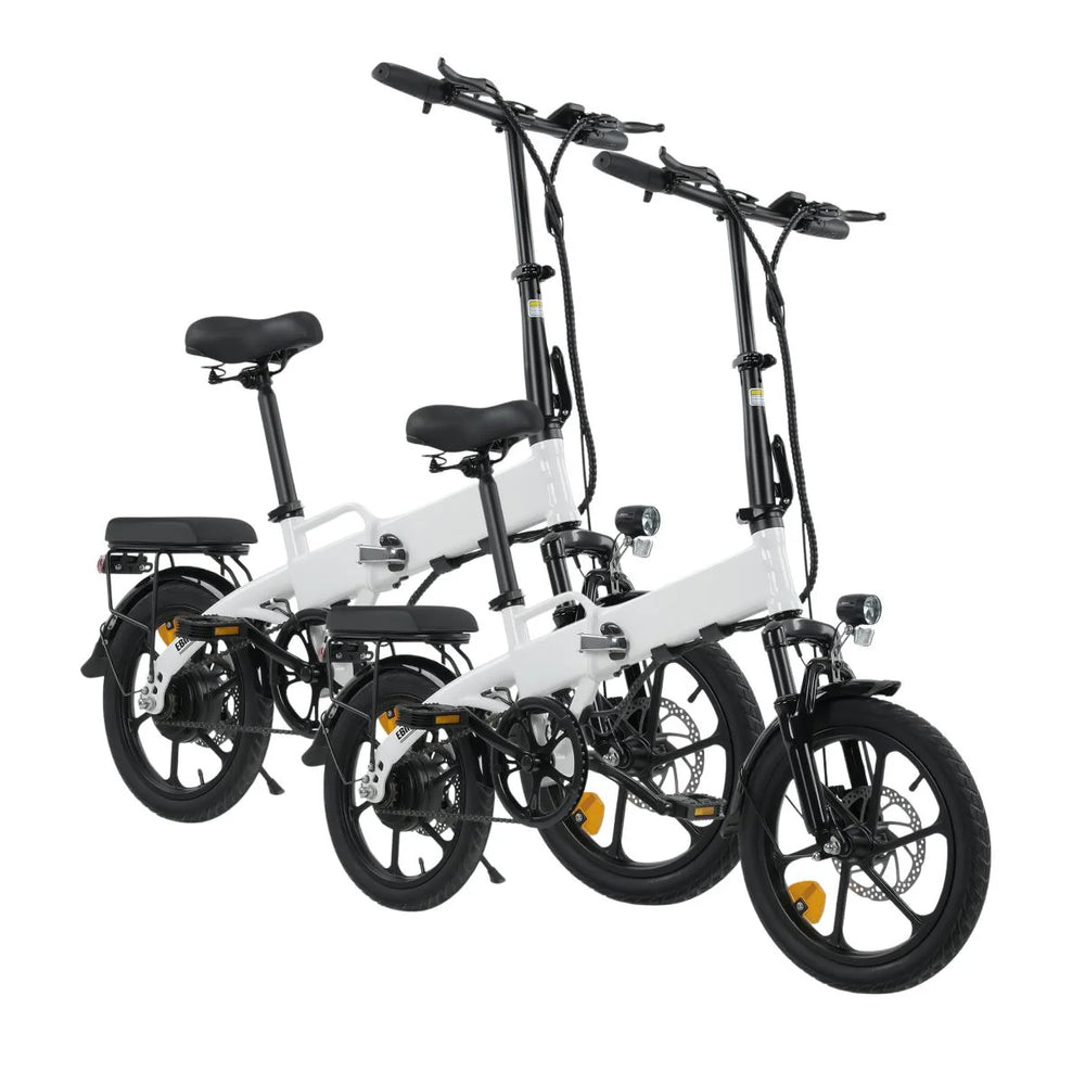 Two white folding electric bikes on a white background
