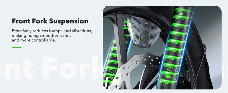 The front suspension fork on the isinwheel U3 e-bike absorbs bumps for a smoother ride on urban roads.