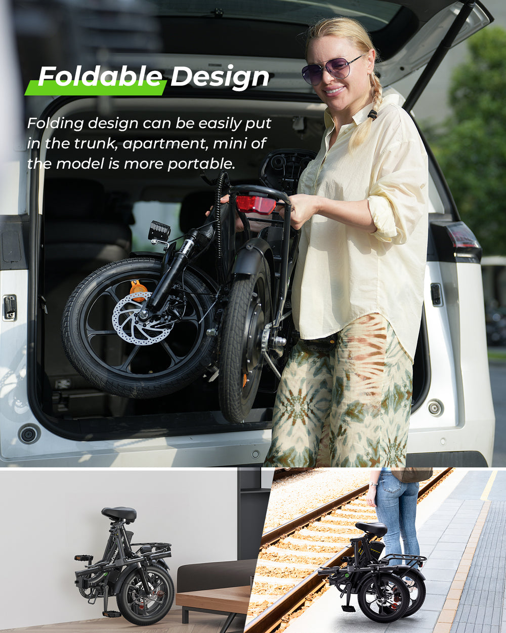 Woman folding a bike and placing it in a car trunk with text about the bike's foldable design.