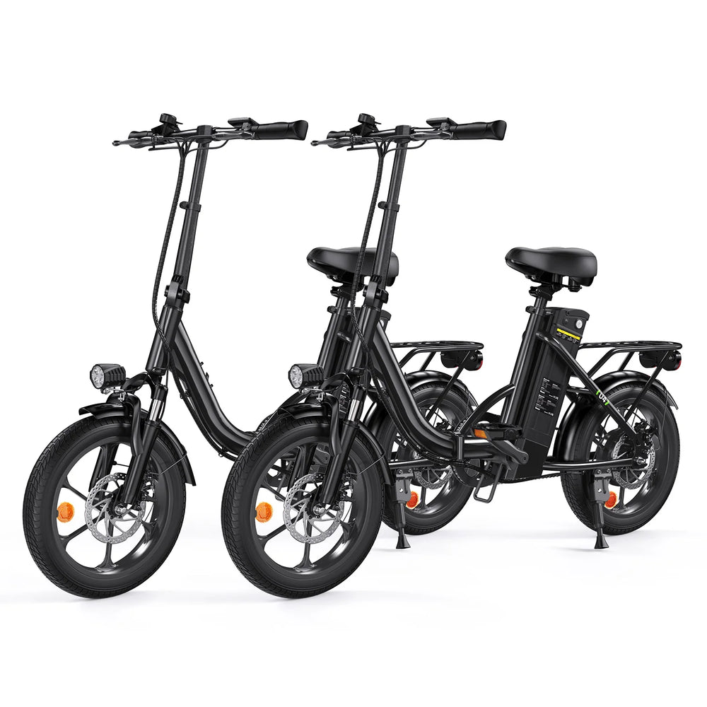 Two black electric bicycles on a white background