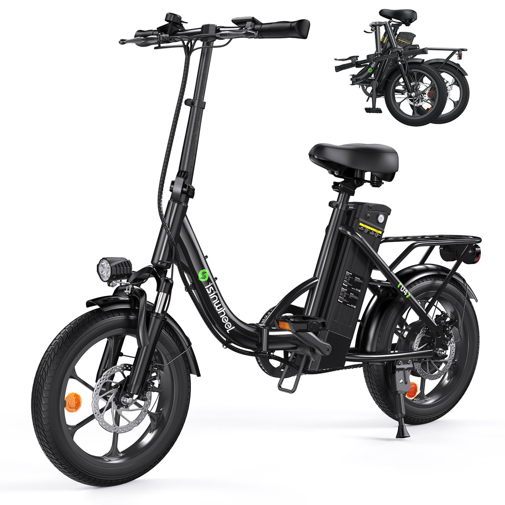 Black electric bike with a smaller inset image showing the bike folded.