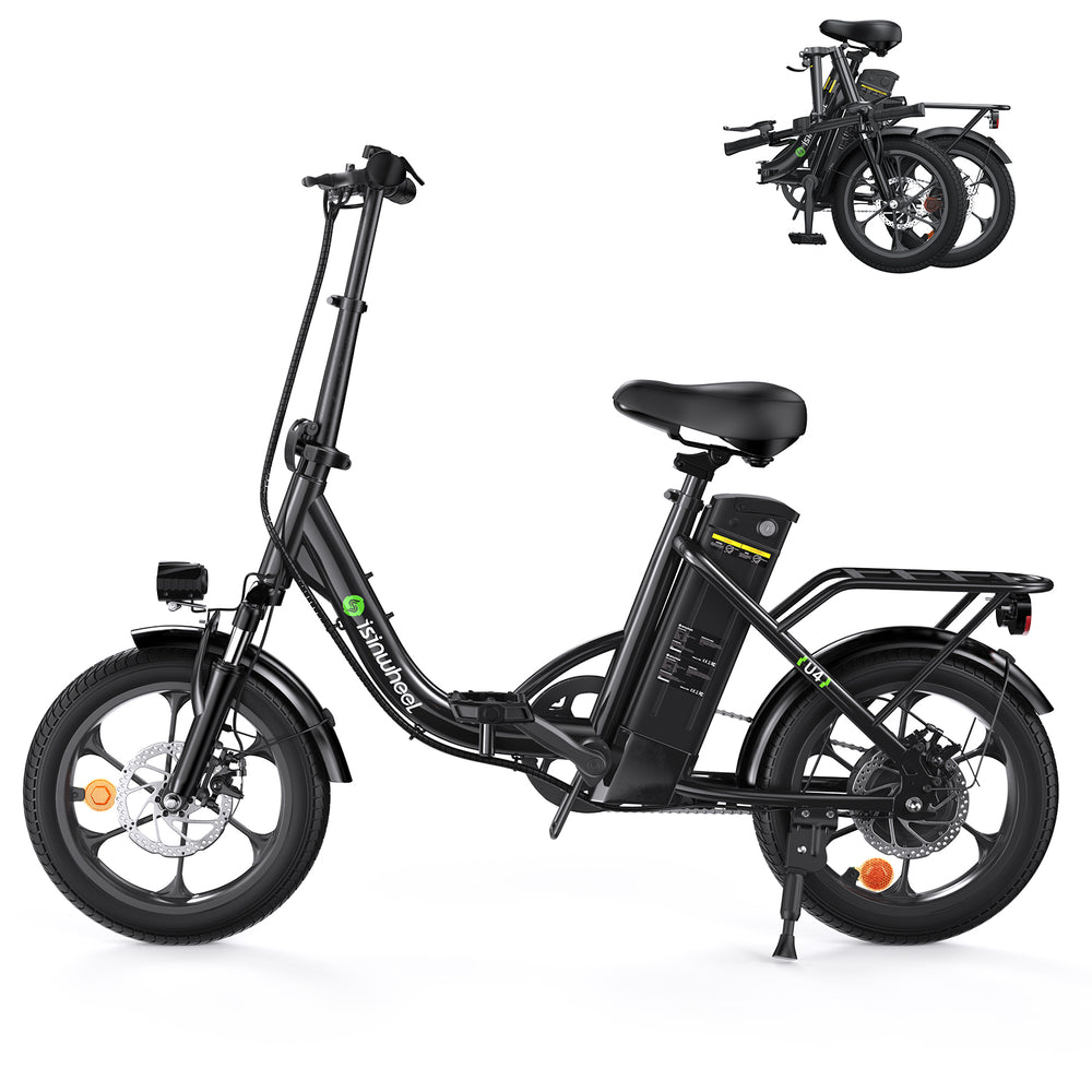 Black electric bike with a smaller inset image of the bike folded.