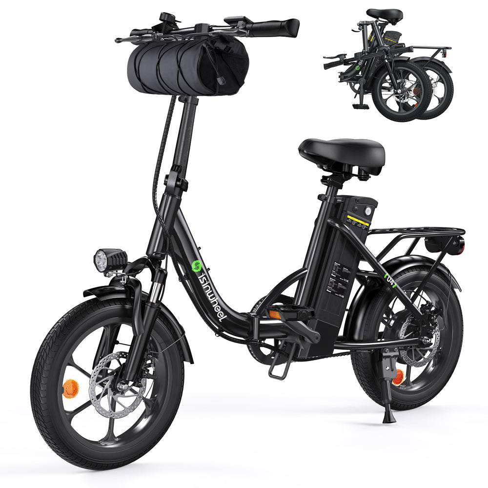 Black electric bike with a smaller inset image showing the bike folded.