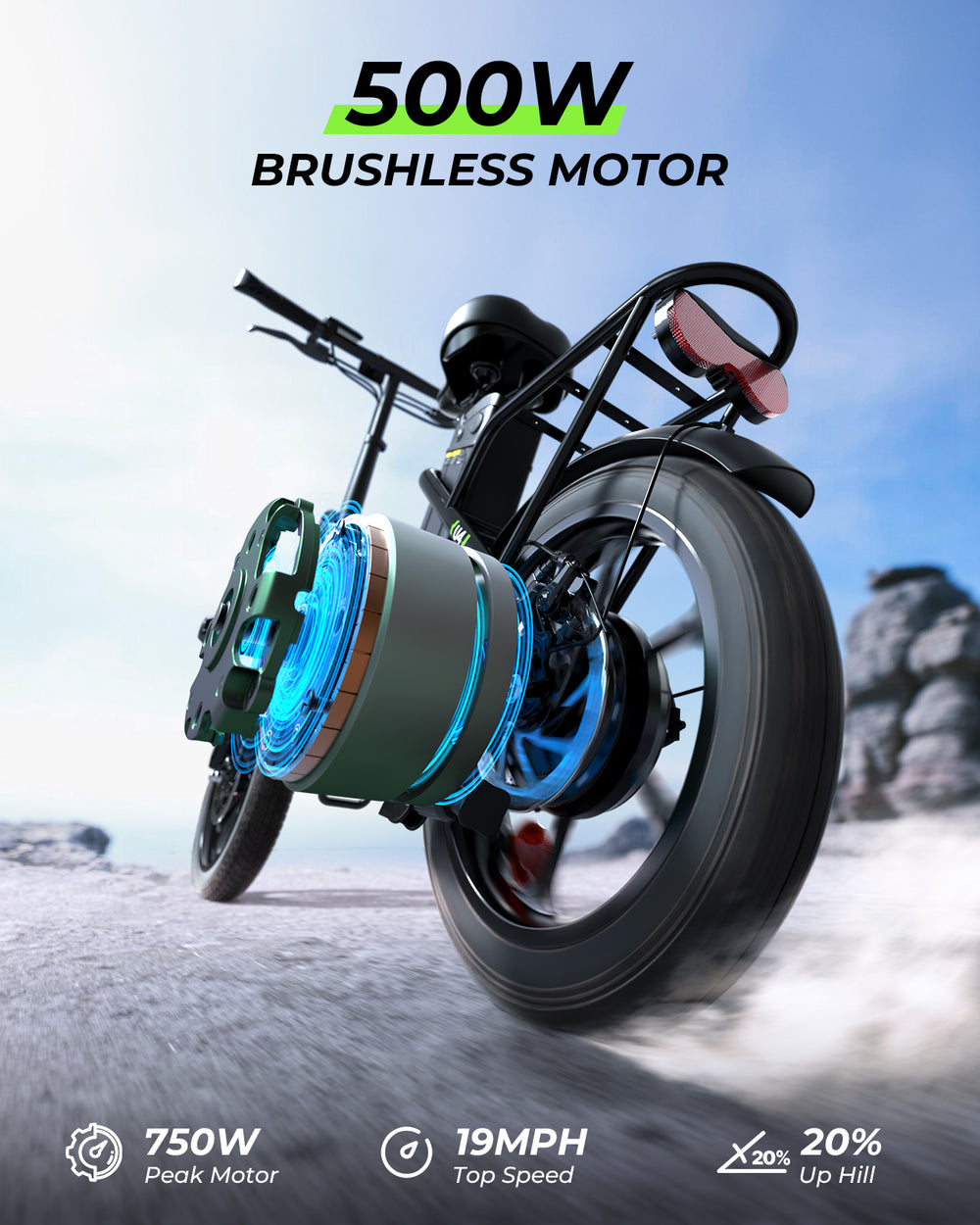 Electric bike with a 500W brushless motor on a mountainous background