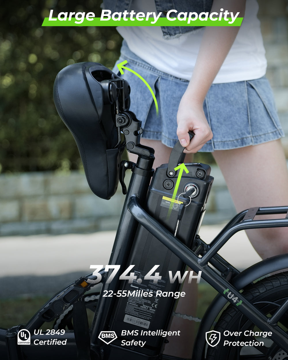 Electric bike with large battery capacity highlighted, showing a person holding the bike.