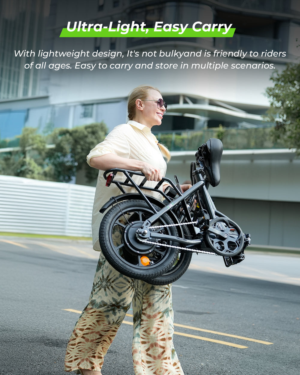 Person carrying a ultra-light electric bike with promotional text about its design and portability.