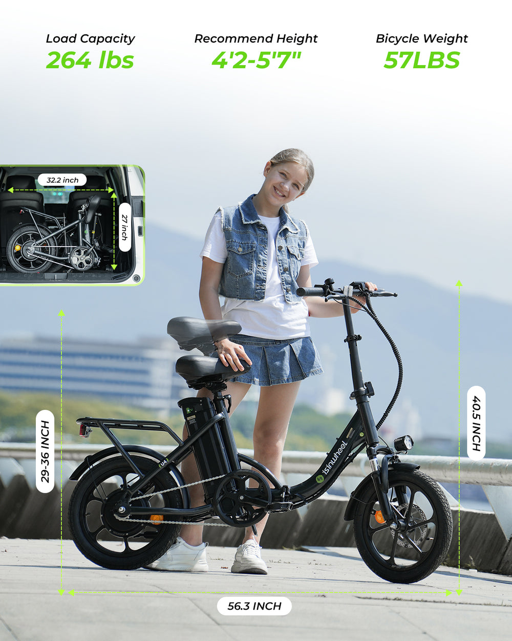 Teen standing next to a bicycle with specifications displayed on the screen.