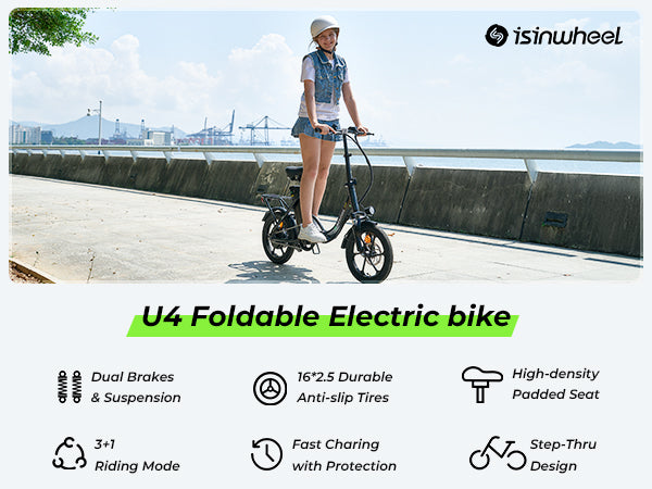 Key features of the isinwheel U4 Electric Bike: step-thru frame, dual suspension, front & rear brakes, and fast charging.
