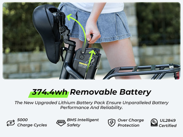 Removable 374.4wh battery of the isinwheel U4 Electric Bike.