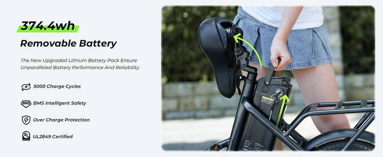 The isinwheel U4 Electric Bike features a portable 374.4 Wh power source, easily removable for convenient charging.