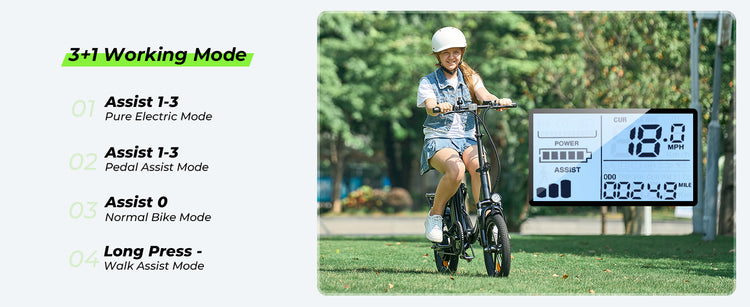 Switch between the 3+1 smart riding modes on the isinwheel electric bike, including Pure Electric and Pedal Assist, for a customized ride.